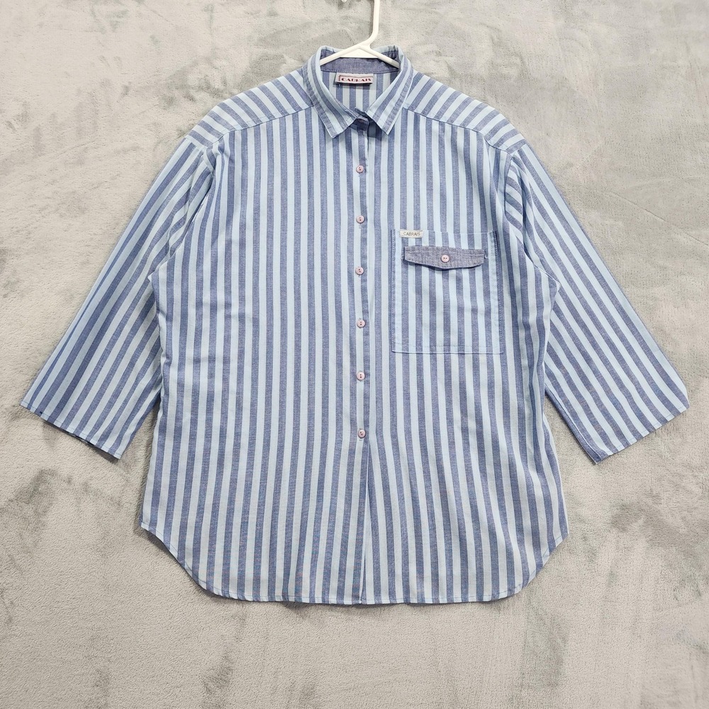 Vintage CABRAIS Shirt Womens M Blue White Striped 3/4 Sleeve Button Front Tunic
